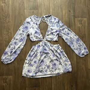 White Fox French Riviera Blue Floral Cutout Mini Dress Size Medium